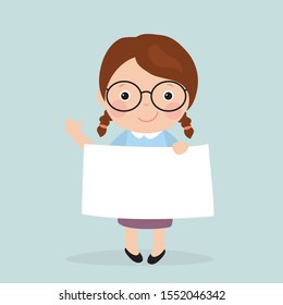 Cute Cartoon Schoolgirl Holding Blank Banner Template. Caucasian Kid Girl With Empty White Paper Sheet. Happy Child Character With Mockup Placard. Flat Vector Illustration