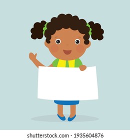 Cute cartoon schoolgirl holding blank banner template. African american kid girl with empty white paper sheet. Happy child character with mockup placard. Flat vector illustration