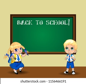 Cute cartoon schoolgirl and schoolboy in uniform with backpacks near chalkboard. Vector illustration, flyer, poster, template, back to school, teacher's day characters concept. Kawaii pupil kids