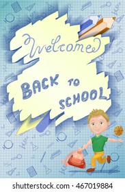 Cute cartoon schoolkid with backpack and ball. Back to school concept, banner, poster