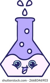 süßer Cartoon eines wissenschaftlichen Bechers in heller Neonfarbe