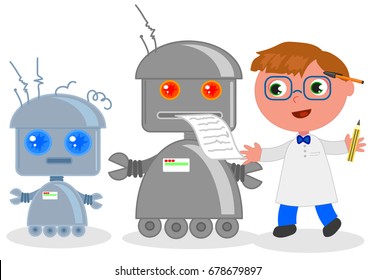 Cute cartoon scientist with funny robots, vector illustration 