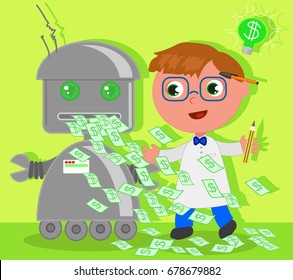 Cute cartoon scientist has invented a machine for the success making money. Vector illustration.
