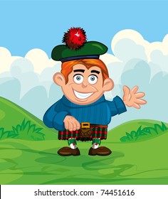 Cute cartoon of scotsman. He is waving