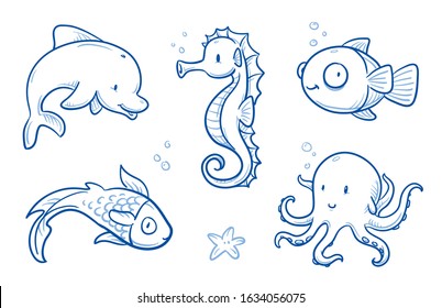 Cute cartoon sea animals for children as dolphin, sea horse, fish, koi carp and octopus. Hand drawn doodle vector illustration.