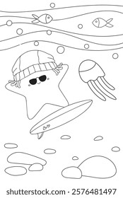 Cute cartoon sea animals coloring pages or book 