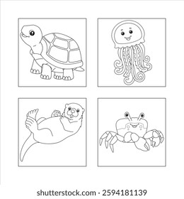 Cute cartoon sea animals coloring pages, fine
ant drawings, turtle, jellyfish, sea otter, crab,
black and white outines, simple designs,
children's book flustrations, marine if.
‘adorable characters, 