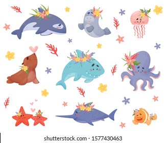 Cute Cartoon Sea Animals And Fish Vector Illustration Set