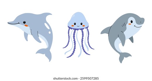 Cute cartoon sea animals illustration featuring a dolphin, jellyfish, and shark on a plain white background