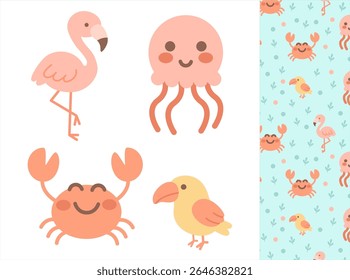 Cute Cartoon Sea Animals Pattern with Flamingo, Jellyfish, Crab, Seabird - Colorful Vector