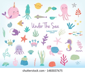 Cute cartoon sea animals and sea plants. Vector illustration. Marine life cartoon character set