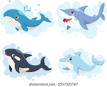 Cute cartoon sea animals series Whale Shark Dolphin Orca