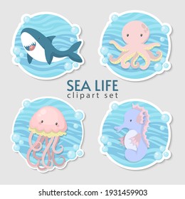 Cute cartoon sea animals set. Vector cliparts. Children Fashion.