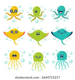 Cute cartoon sea animals set with octopus, stingray, and jellyfish in bright colors. Vector illustration.