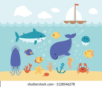 Cute cartoon sea animals swimming under the sea and boat on the waves. Art vector Illustration.