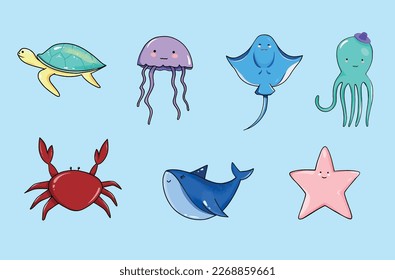 Cute cartoon sea animals. Sea turtle, jellyfish, stingray, octopus, crab, shark, starfish. Vector image. Children's drawing of sea creatures.Set of vector illustrations of the underwater world animals