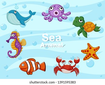 Cute cartoon sea animals underwater. Vector illustration set of collection sea creatures