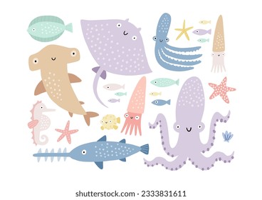 Animales marinos de dibujos animados - ilustración vectorial. Impresionante carácter, estilo plano, ambiente submarino.