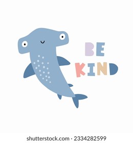 Cute cartoon sea animals - vector illustration. Awesome character -  shark. Undersea illustration in flat style. 