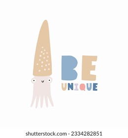 Cute cartoon sea animals - vector illustration. Awesome character -  squid. Undersea illustration in flat style. 