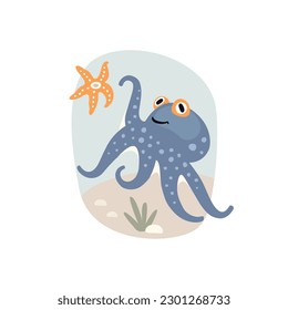 Cute cartoon sea blue octopus on color background, flat style illustration.