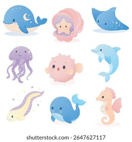 Cute cartoon sea creatures and fish.