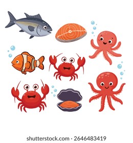 Cute cartoon sea creatures including fish, crabs, octopuses, a clam, and a salmon fillet, all illustrated in a colorful and cheerful style on a white background.

