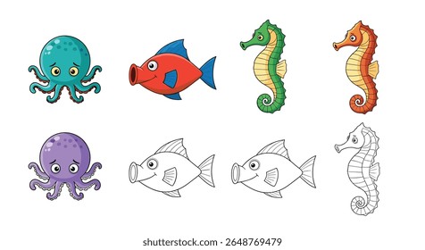 Cute cartoon sea creatures including octopuses seahorses and fish for children's educational content and coloring books