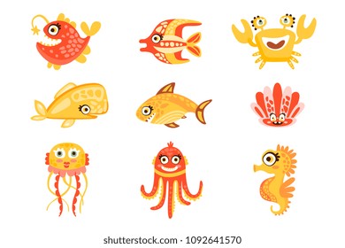 Cute cartoon sea creatures, marine life. Underwater world set of colorful characters vector Illustrations
