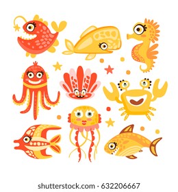 Cute cartoon sea creatures, marine life. Underwater world set of colorful characters vector Illustrations
