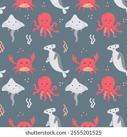 Cute cartoon sea creatures seamless pattern with octopus, crab, and stingray.