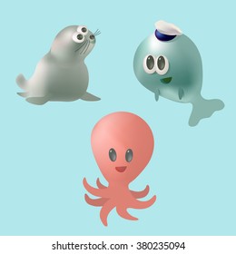 Cute cartoon sea creatures set. Sea fishes and animals collection. Vector illustration
