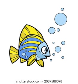 Cute cartoon sea fish outlined for coloring page isolated on white background