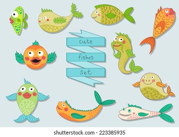 Cute cartoon sea fishes set in vector. Funny color marine collection