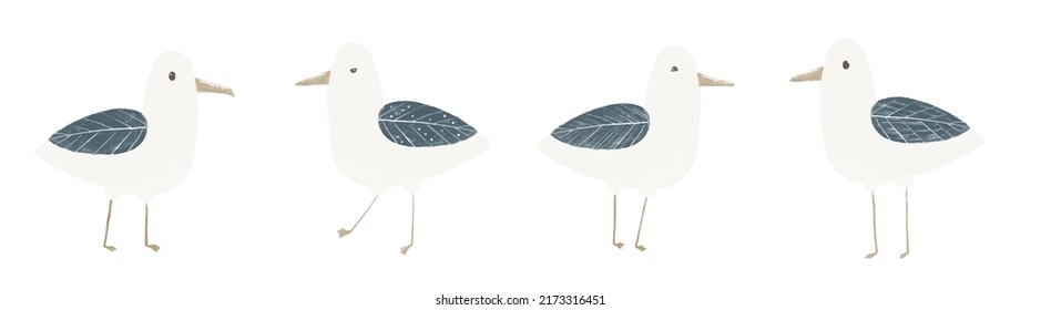 cute cartoon sea gulls with blue wings, children's illustration