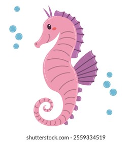 Cute cartoon sea horse in flat style isolated on white background. Cheerful small marine bony fish.