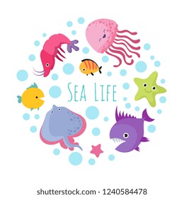 Cute cartoon sea life animals isolated on white background