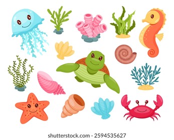 Cute cartoon sea life set. jellyfish, turtle, starfish, seahorse, crab, shells, coral, and seaweed. Cute aquatic vector illustrations.