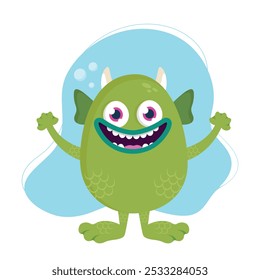 Monstro marinho bonito desenho animado. Criatura de água verde engraçado em estilo infantil isolado no fundo branco. Ilustração vetorial