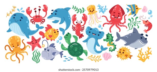 Cute cartoon sea and ocean animals, funny underwater world inhabitants colorful collection