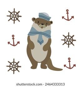 Cute cartoon sea otter in different poses. Vector illustration of wildlife sea animal. Otter in a sailor suit. Drawn animal for a children's book