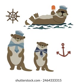 Cute cartoon sea otter in different poses. Vector illustration of wildlife sea animal. Otter in a sailor suit. Drawn animal for a children's book