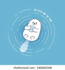 Cute cartoon sea otter floating and holding clam in the sea. Vector illustration. 