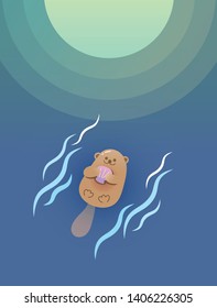 Cute cartoon sea otter floating and holding clam in the sea with reflection of the moon. Vector illustration. 