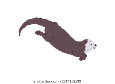 Cuta caricatura de nutria marina flotando, vista lateral. Ilustración vectorial de animales salvajes, mamíferos marinos, aislados en fondo blanco. Estilo de diseño dibujado a mano para imprimir postales, libros e Internet