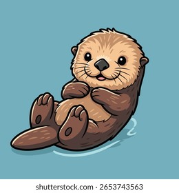 Cute Cartoon Sea Otter Floating on Back - Adorable Marine Mammal Illustration for Kids' Ocean and River Themes. Vector Illustration