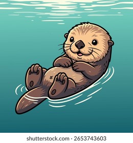 Cute Cartoon Sea Otter Floating on Back - Adorable Marine Mammal Illustration for Kids' Ocean and River Themes. Vector Illustration
