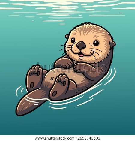 Cute Cartoon Sea Otter Floating on Back - Adorable Marine Mammal Illustration for Kids' Ocean and River Themes. Vector Illustration