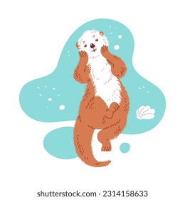 Cute cartoon sea otter lovely swim in the river and smile. Vector illustration of wildlife animal, marine mammal in blue water, isolated on white background. Hand drawn design style