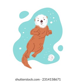 Cute cartoon sea otter swim in the river and smile. Vector illustration of wildlife animal, marine mammal in blue water, isolated on white background. Color hand drawn style